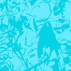Grunge pastel background. Abstract images in the form of strips, dots, sticks, leaves and shapeless figures in delicate  blue color. Vector illustration.