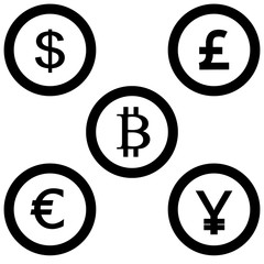 Dollar, euro, pound, japan yen, bitcoin sign, coin isolated on white background. Set of money, currency icon. Cash symbol. Business, economy concept. Vector flat illustration