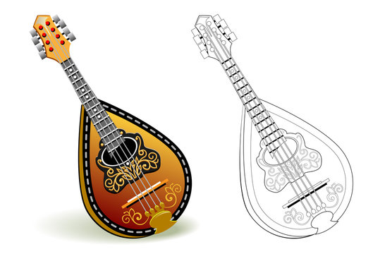 Colorful and black and white pattern for coloring. Illustration of stringed musical instrument mandolin. Worksheet for coloring book for children and adults. Vector image.