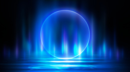 Neon circle, neon lights. Neon circle with the center of a dark empty scene with spotlights. Abstract light. Night view.