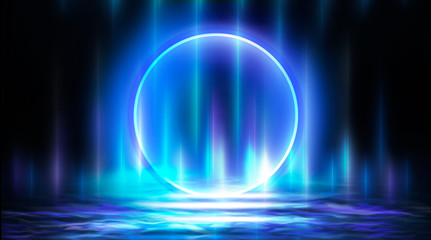 Neon circle, neon lights. Neon circle with the center of a dark empty scene with spotlights. Abstract light. Night view.