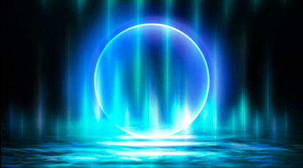 Neon circle, neon lights. Neon circle with the center of a dark empty scene with spotlights. Abstract light. Night view.
