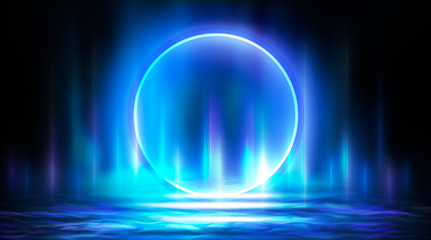 Obraz premium Neon circle, neon lights. Neon circle with the center of a dark empty scene with spotlights. Abstract light. Night view.