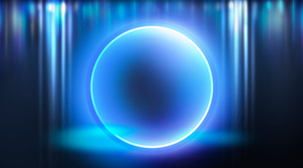 Neon circle, neon lights. Neon circle with the center of a dark empty scene with spotlights. Abstract light. Night view.