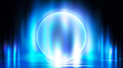 Neon circle, neon lights. Neon circle with the center of a dark empty scene with spotlights. Abstract light. Night view.