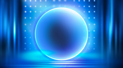 Neon circle, neon lights. Neon circle with the center of a dark empty scene with spotlights. Abstract light. Night view.