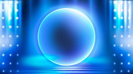Neon circle, neon lights. Neon circle with the center of a dark empty scene with spotlights. Abstract light. Night view.