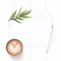 Flat lay top view elegant white composition paper pine cone coffee tarragon laf and pencil on wooden background