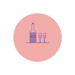 A bottle of wine and glasses. Illustration in gentle pastel purple tones. Color vector icon in the circle. Celebratory concept.