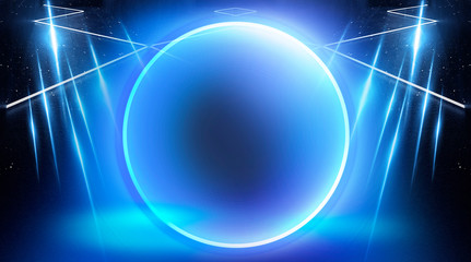 Neon circle, neon lights. Neon circle with the center of a dark empty scene with spotlights. Abstract light. Night view.
