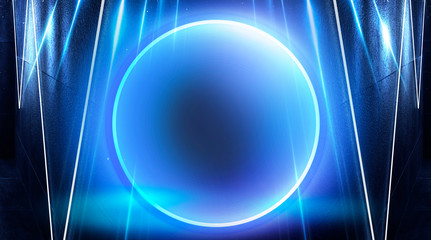 Neon circle, neon lights. Neon circle with the center of a dark empty scene with spotlights. Abstract light. Night view.