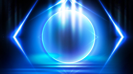 Obraz premium Neon circle, neon lights. Neon circle with the center of a dark empty scene with spotlights. Abstract light. Night view.