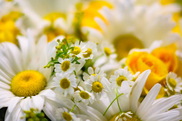 Bright bouquet of big and small chamomiles and yellow roses