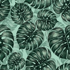Tropical leaves, jungle monstera leaf seamless pattern. Floral background. Watercolor style © Gribanessa