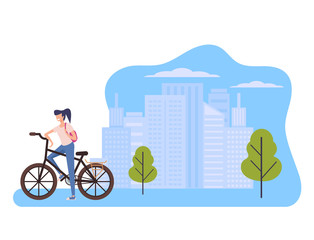 Sport woman character riding bicycle in green public park. Healthy lifestyle concept. Vector flat graphic design cartoon isolated illustration