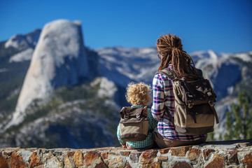 Mother with  son visit Yosemite national park in California