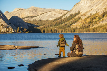 Mother with son visit Yosemite national park in California