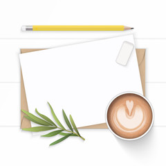 Flat lay top view elegant white composition paper kraft envelope yellow pencil coffee tarragon leaf and eraser on wooden background