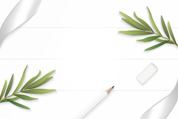 Flat lay top view elegant white composition silver ribbon pencil eraser tarragon leaf on wooden floor background