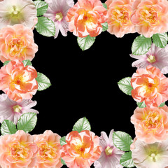 Beautiful floral background of mallow and roses. Isolated 