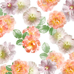 Beautiful floral background of mallow and roses. Isolated 