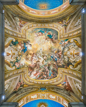 Frescoed vault with "The Glory of St Bridget" by Biagio Puccini, in the Church of Santa Brigida, in Rome, Italy.