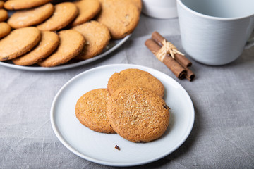 Oatmeal cookies with raisins. Homemade baking. Selective focus, close-up.