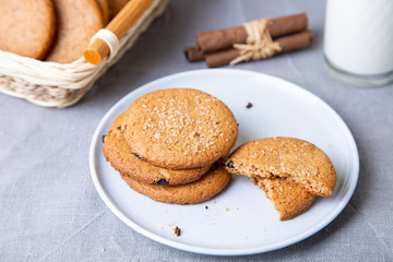 Oatmeal cookies with raisins. Homemade baking. Selective focus, close-up.