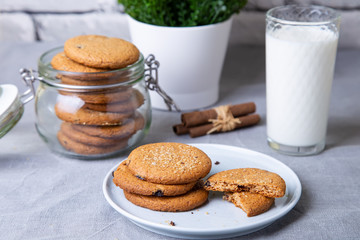 Oatmeal cookies with raisins. Homemade baking. Selective focus, close-up.