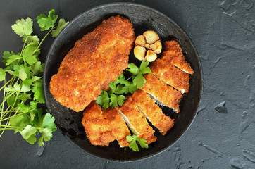 Grilled chicken breast in frying pan