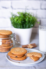 Oatmeal cookies with raisins. Homemade baking. Selective focus, close-up.