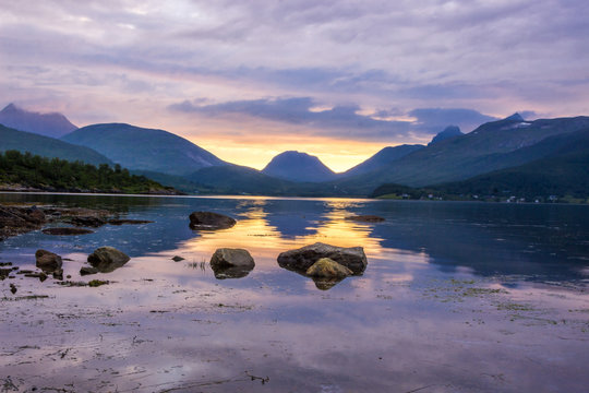 colorful sunset over the fjord on Senya island in Norway