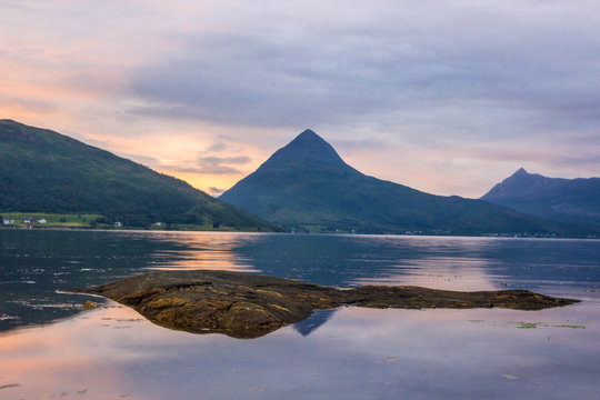 colorful sunset over the fjord on Senya island in Norway