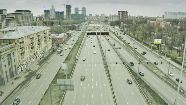 Aerial view of Leningradsky Prospekt, a major avenue in Moscow, Russia