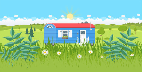 blauer Bauwagen Tiny House Holzhaus Flat Design isoliert auf weißem Hintergrund