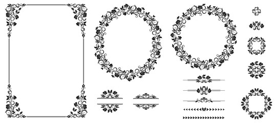 Vector set of graphic elements for design. Floral elements for design of invitations, frames, menus, monograms, labels, websites.