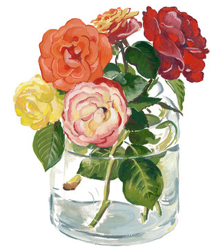 Watercolor Flower Bouquet in Vase. Roses.