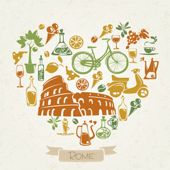 Vector I love Rome design with symbols of Italian culture. 