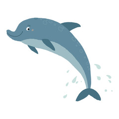 Vector illustration of a funny dolphin jumping fun. Cartoon vector hand drawn eps 10 illustration isolated on white background in a flat style.