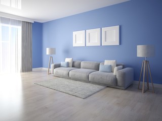 Mock up bright living room with original sofa and trendy blue background.