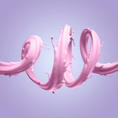 3d render, pink twisted splashing jet isolated on violet background, liquid splash, abstract shape,...