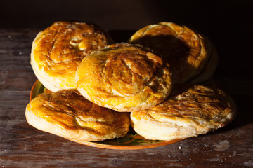 Set of different Easter sweets on wooden background in Novruz holiday