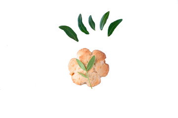 Flavored shortbread with leaves isolated on white background