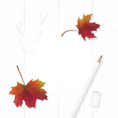Flat lay top view elegant composition paper autumn maple leaf tags and pencil eraser on wooden background