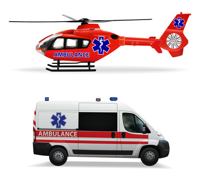Ambulance helicopter and ambulance car. air and ground transportation to transport injured and sick people to the hospital. Isolated objects on white background. Vector illustration.