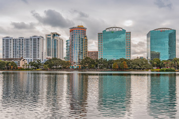 ORLANDO, FLORIDA, USA - DECEMBER, 2018: Eola Lake Park, popular destination for festivals, concerts, fundraising walks and even weddings.