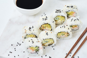 Sushi set on marble board