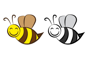 Hand drawn cartoon bee in different colors. Isolated comic vector bee. Flying bee in black, white and yellow colors. Smilling bee character.