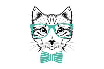 Sketch cat's face with blue eyes. Cat's head with green glasses and cute tie. Domestic animal vector portrait. Education or business logo.