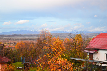 Autumn garden at snowy Carpathian mountains background, Ukraine